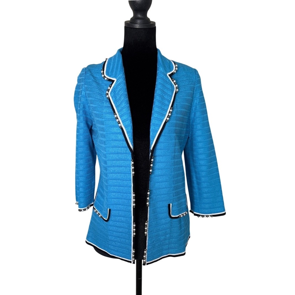 Ming Wang Turquoise Blue Knit Blazer Faux Pearl Trim Open Front Jacket XS